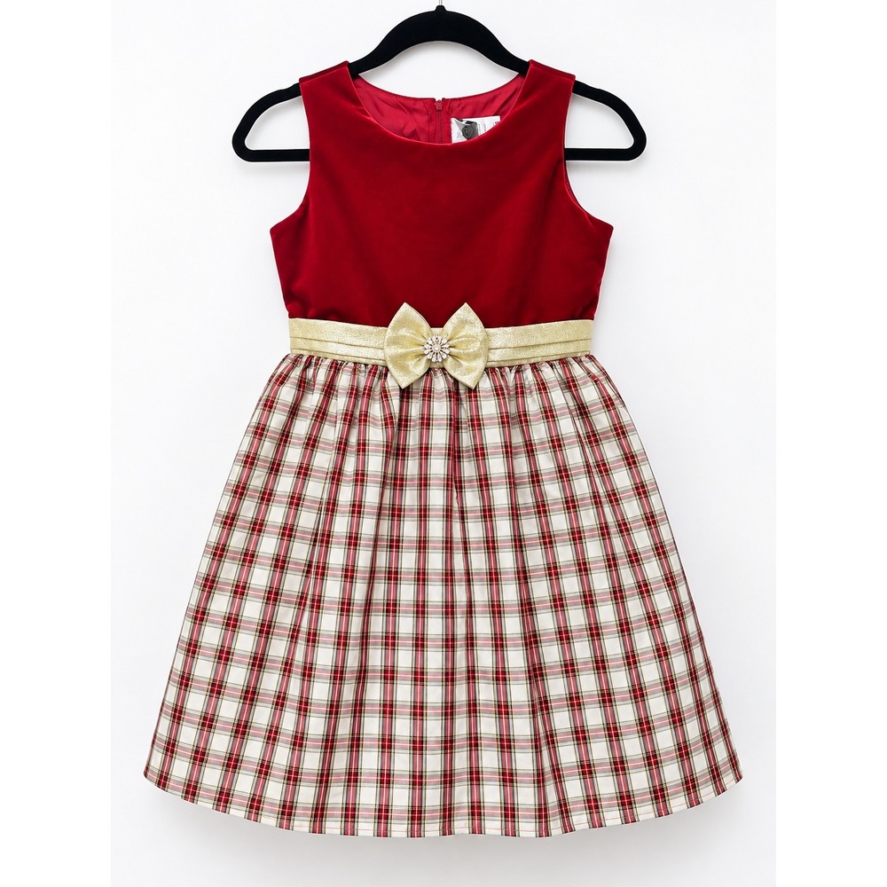 Rare Editions Girls Red Velvet Plaid Holiday Dress Gold Bow H413639 Size 12